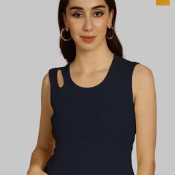 Friskers Navy Blue & Mustard Yellow Keyhole Neck Cotton Sleeveless Top-image-78