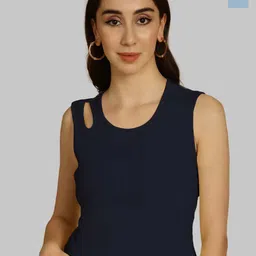 Friskers Navy Blue & Turquoise Blue Keyhole Neck Cotton Sleeveless Top-image-79