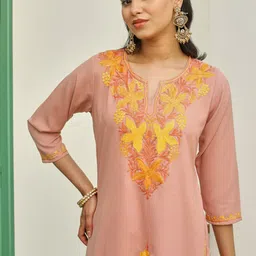 House Of Chikankari HOC Crafts Aari Embroidered Cotton Solid Long Kurta Set-image-79