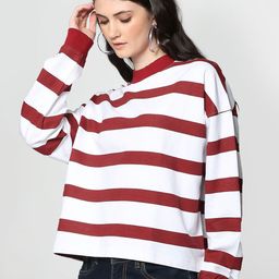 Flying Machine Women White & Maroon Striped Pure Cotton Sweatshirt-image-93