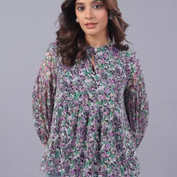 June 9 Clothing Women Floral Print puff Sleeve Chiffon Top-picture-6
