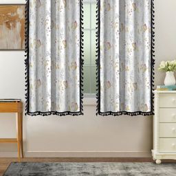 Cortina White & Grey 2 Pcs Floral Room Darkening Cotton Window Curtains-image-19