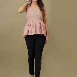 LIVING ROOTS Printed Shoulder Straps Cotton Peplum Top-image-11