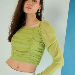 CORSICA Square Neck Long Puff Sleeves Pleated Crop Top-image-21