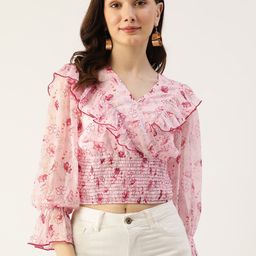 Antheaa Women Pink & Burgundy Floral Print Smocked Crop Top-image-61