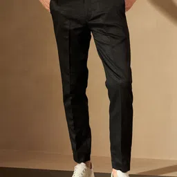 DENNISON Men Black Smart Tapered Fit Self-Checked Cropped Regular Trousers-image-88