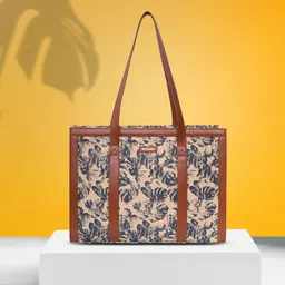 Belwaba Beige & Navy Blue Floral Printed Oversized Shopper Shoulder Bag-35