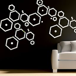 Wall1ders 36 Pieces Silver Toned Hexagon Shaped Mirror Wall Stickers-52