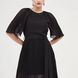 Harpa Accordion Pleated Flared Sleeves Round Neck Georgette A-Line Dress-image-44