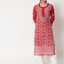 PARAMOUNT CHIKAN Women Red Embroidered Chikankari Georgette Kurta with Matching Inner/Slip-43