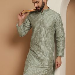 Anouk Men Olive Green Cold-Shoulder Sleeves Mirror Work Kurta-image-84