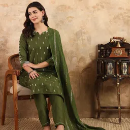 ARADHNA Women Paisley Embroidered High Slit Thread Work Kurta with Churidar & With Dupatta-picture-25