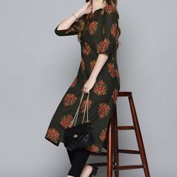 HERE&NOW Women Olive Green & Pink Ethnic Motifs Printed Kurta-picture-18
