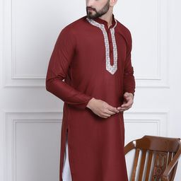 SOJANYA Men Maroon & Silver Pure Cotton Yoke Design Gotta Patti Kurta-picture-1