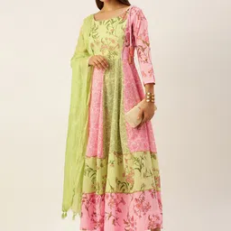 MAAND Women Green & Pink Floral Printed Thread Work Cotton Anarkali Kurta with Dupatta-14