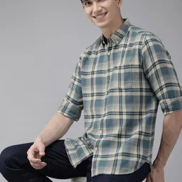 THE BEAR HOUSE Men Blue Slim Fit Tartan Checked Cotton Casual Shirt-picture-15