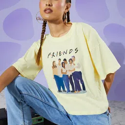 ANVI Be Yourself Women Yellow Friends Printed Pure Cotton Crop Oversized T-shirt-image-55
