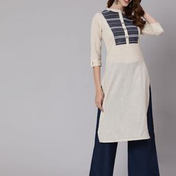 antaran Women White Floral Yoke Design Thread Work Cotton Kurta-picture-25