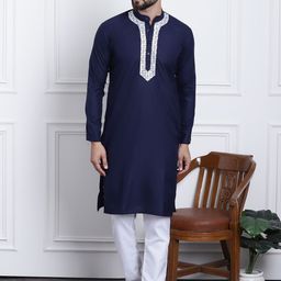 SOJANYA Men Navy Blue & Silver Yoke Design Straight Cotton Kurta with Pyjamas-image-14