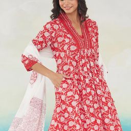 Anouk Floral Printed Pleated Beads And Stones Pure Cotton Kurta With Trousers & Dupatta-14
