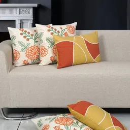 Ode & Cleo Mustard & White 5 Pieces Embroidered Pure Cotton Square Cushion Covers-image-65