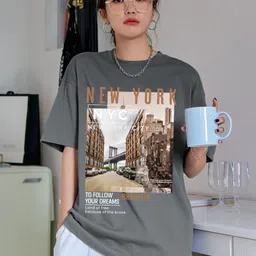 CHKOKKO People and Places Printed Round Neck Drop-Shoulder Sleeves Oversized T-shirt-image-0