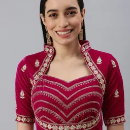 flaher Women Pink Embroidered Velvet Padded Saree Blouse-picture-1