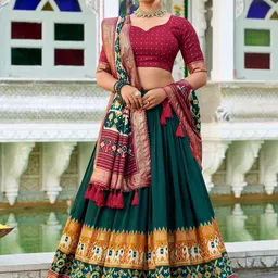 APNISHA Printed Zari Tusser Silk Ready to Wear Lehenga & Unstitched Blouse With Dupatta-picture-12