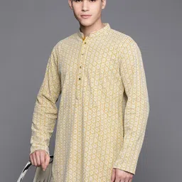 Inddus Men Mustard Yellow Ethnic Motifs Embroidered Chikankari Pure Cotton Kurta with Trousers-45