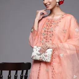 Indo Era Women Peach-Coloured Floral Embroidered Mirror Work Kurta with Trousers & Dupatta-image-85