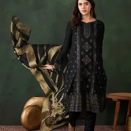 Sangria Self Designed Straight Winterwear Kurta & Trouser With Dupatta-24