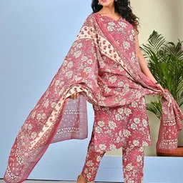 Nayo Floral Printed V Neck Pure Cotton Kurta With Trousers & Dupatta-picture-27