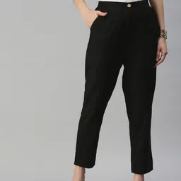 Global Desi Women Black Solid Straight Fit Formal Trousers-image-0