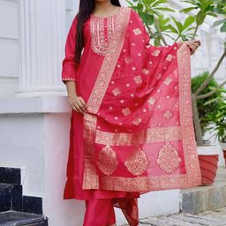 Libas Floral Yoke Design Zari Straight Kurta With Trousers And Dupatta-16