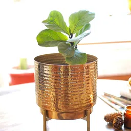 BEHOMA Gold Toned Hammered Metal Planter & Stand Without Plant-image-10