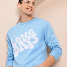 Mast & Harbour Typography Self-Design Round-Neck Acrylic Pullover-image-54