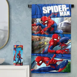 YK Boys Blue Spiderman Printed 380 GSM Cotton Bath Towel-41