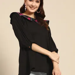 Sangria Black Cotton Embroidered Boat Neck A-Line Top-image-75