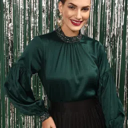 STREET 9 Puff Sleeves High Neck Embellished Satin Top-image-69