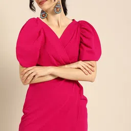 Athena Charming Fuchsia Pink Power Shoulders Tulip Hem Wrap Dress-image-13