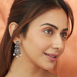 AccessHer Silver-Plated Stones Studded & Beaded Floral Antique Oxidised Drop Earrings-image-20