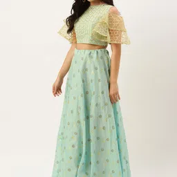 Ethnovog Women Sea Green  Golden Embellished Made To Measure Top with Skirt-image-65