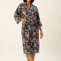 SANSKRUTIHOMES Navy Blue & Mustard Yellow Printed Cotton Nightdress-image-53