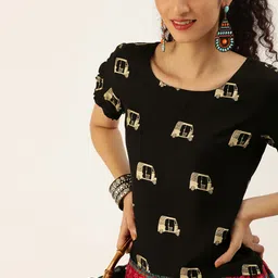 Varanga Women Black & Gold-Coloured Printed Regular Cropped Top-image-23