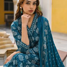 KALINI Floral Printed Pleated Kurta with Trouser & Dupatta-6