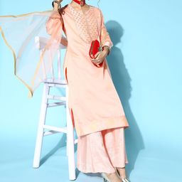 Inddus Women Solid Chanderi Cotton Ethereal Embroidery Kurta Set-image-29