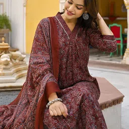 KALINI Floral Printed Pleated Kurta with Trouser & Dupatta-image-93