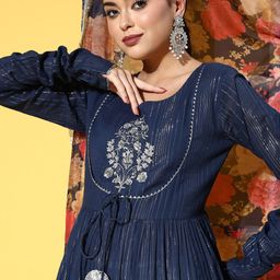 Varanga Women Blue Cotton Fluid Tie-Up Kurta-image-90