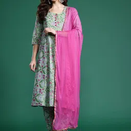Indo Era Floral Printed Regular Pure Cotton Kurta with Trousers & Dupatta-22