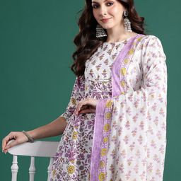 Indo Era Floral Printed Pleated Pure Cotton Kurta with Trousers & Dupatta-picture-41